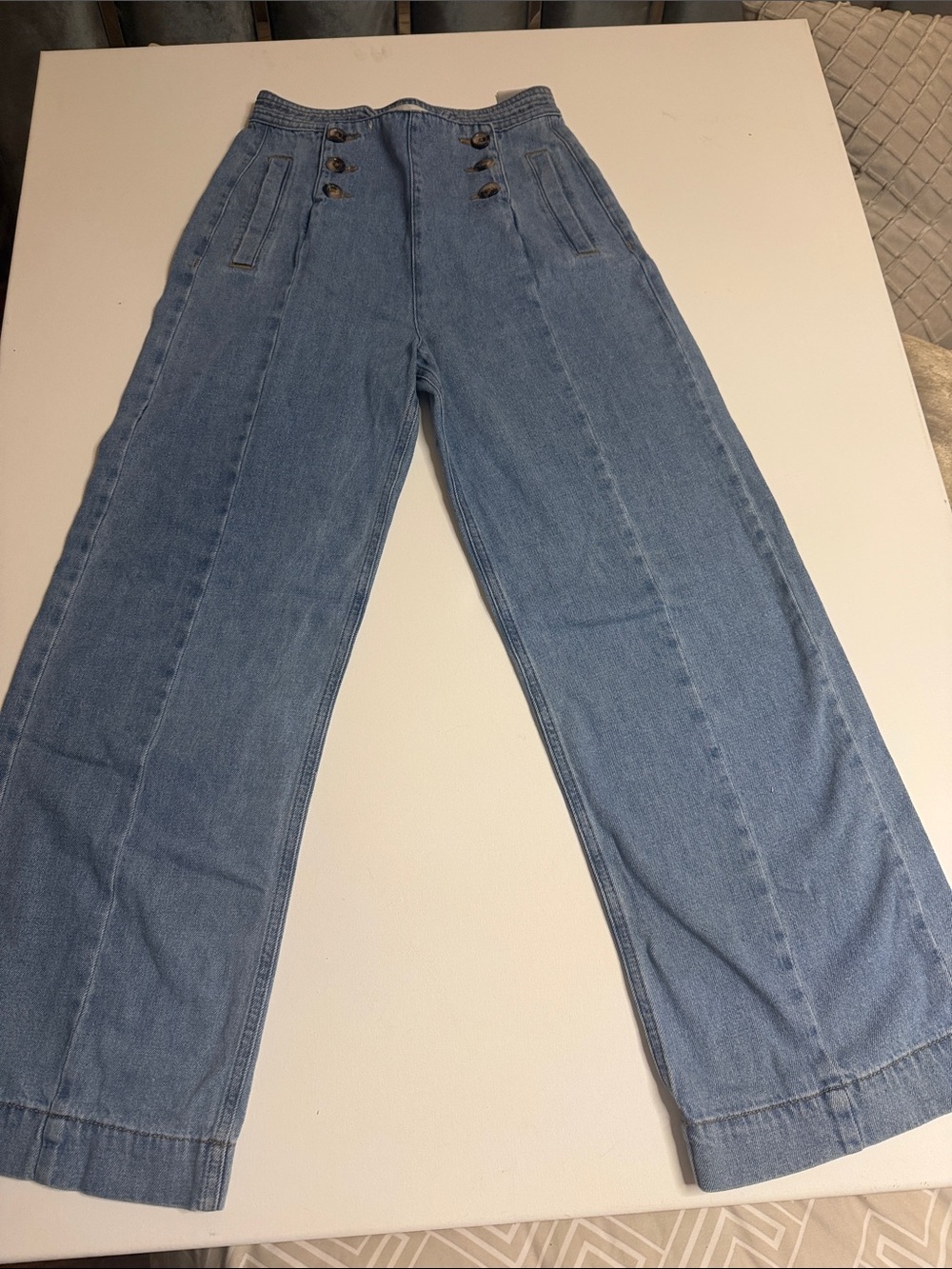 High-Rise Light Blue Wide-Leg Denim Jeans with Button Front